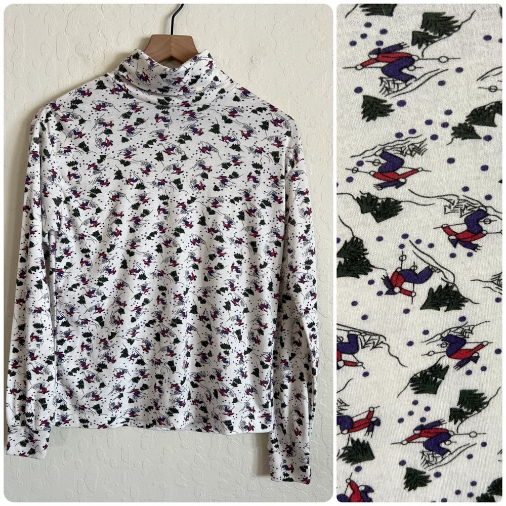 Vintage 90s Currant Novelty Ski Print Long Sleeve Turtleneck Small White Skiing